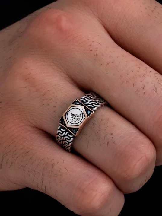 Erkek Gümüş Yüzük - Osmanlı Tuğrası Siyah Taşlı Gümüş Erkek Yüzüğü