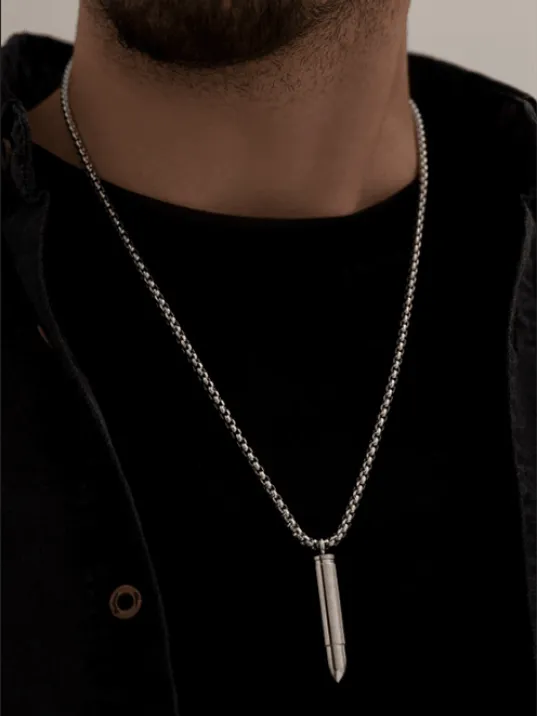 Erkek Kolye - Kapağı Açılan Mermi Kurşun Model Erkek Çelik Kolye - 316 L Paslanmaz Çelik Kolye