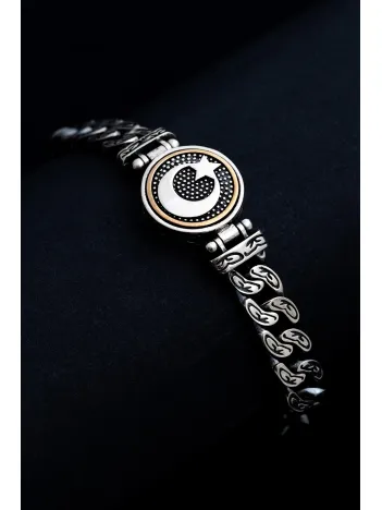 Erkek Gümüş Bileklik - Ortası Dönen Ayyıldız Model Gurmet Zincir Gümüş Bileklik Künye