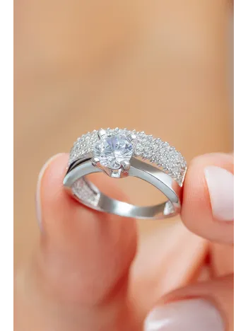 Kadın Gümüş Yüzük - Üç Sıra Tektaş Zirkon Taşlı Kombin Kadın Gümüş Yüzük