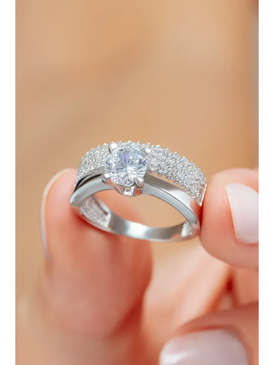 Kadın Gümüş Yüzük - Üç Sıra Tektaş Zirkon Taşlı Kombin Kadın Gümüş Yüzük