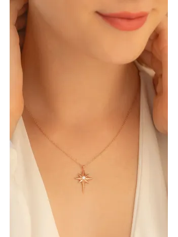 Kadın Gümüş Kolye - Zirkon Taşlı Kutup Yıldızı Motifli Gümüş Kolye