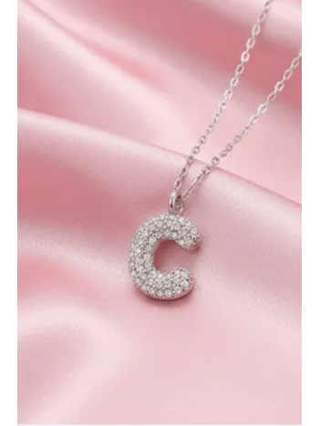 Kadın Gümüş Kolye - 925 Ayar Zirkon Taşlı Balon C Harfi Bayan Kolye