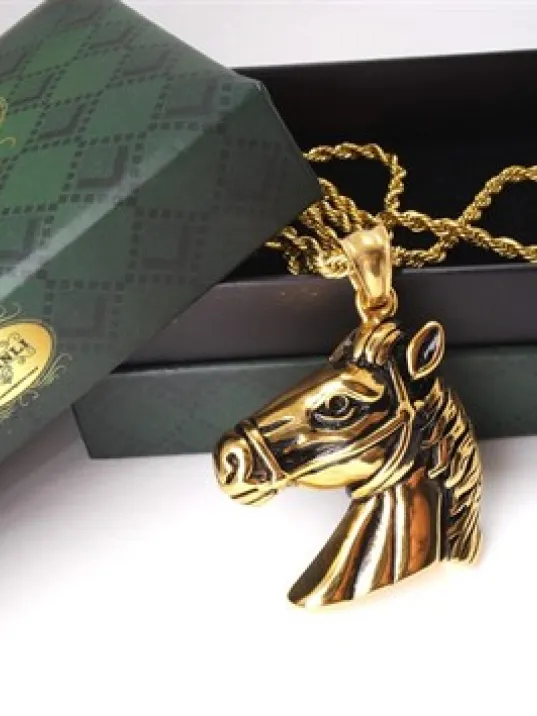 At Kafası Çelik Erkek Kolye Zincir Altın Rengi