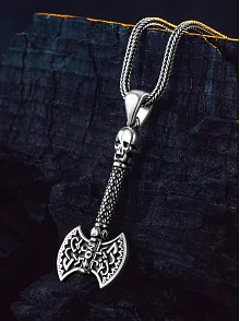 Viking Çift Başlı Savaş Baltası Erkek Gümüş Kolye 925 Ayar Mat Siyah