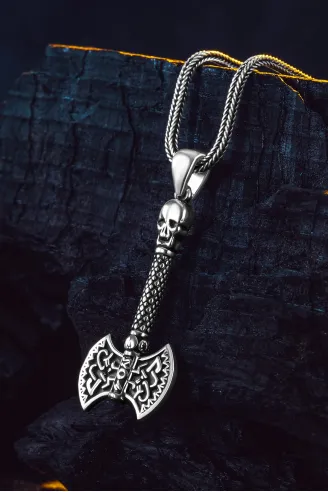 Viking Çift Başlı Savaş Baltası Erkek Gümüş Kolye 925 Ayar Mat Siyah