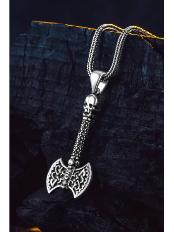 Viking Çift Başlı Savaş Baltası Erkek Gümüş Kolye 925 Ayar Mat Siyah