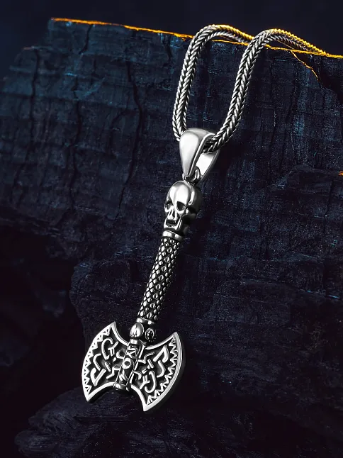 Viking Çift Başlı Savaş Baltası Erkek Gümüş Kolye 925 Ayar Mat Siyah
