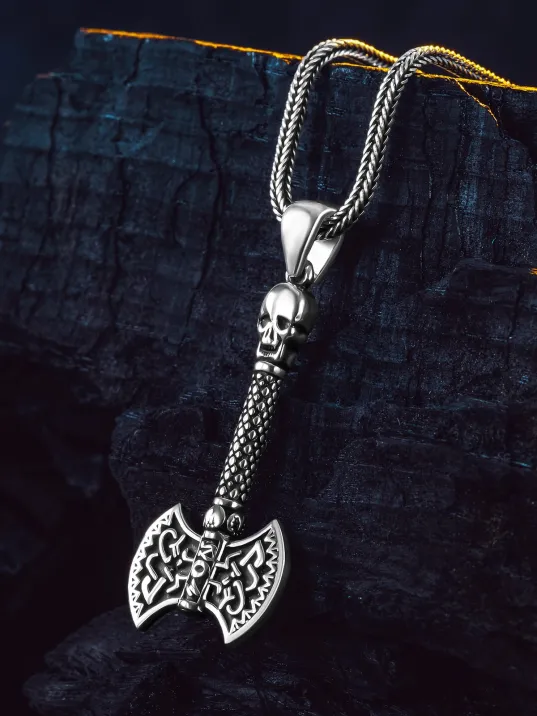 Viking Çift Başlı Savaş Baltası Erkek Gümüş Kolye 925 Ayar Mat Siyah