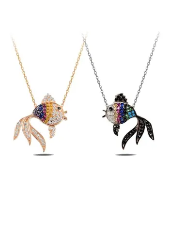 Renkli Taşlı Balık Bayan Gümüş Kolye Zincir GKLBLKM1DEL-ROS-Rose (bronz)