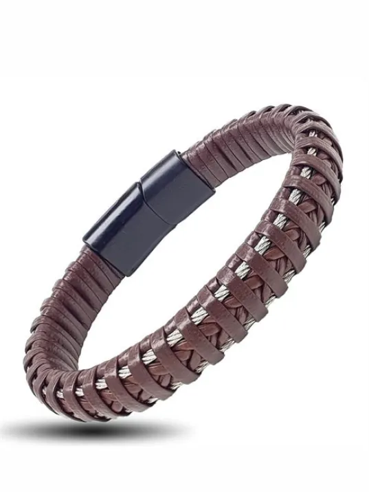 Kahverengi Örme Deri Erkek Bileklik