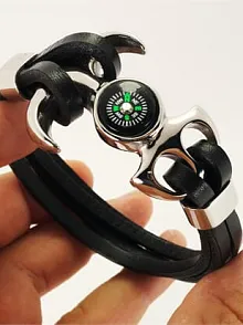 Pusulalı Çapalı Büyük Boy Deri Çelik Erkek Bileklik