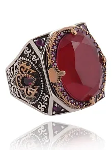 Garnet Taşlı Yanı İşlemeli Erkek Gümüş Yüzük