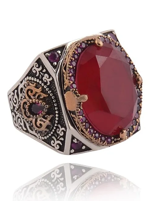 Garnet Taşlı Yanı İşlemeli Erkek Gümüş Yüzük Garnet Taşlı Yanı İşlemeli Erkek Gümüş Yüzük