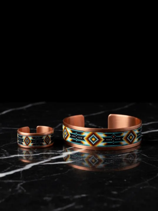 Kadın Bakır Bileklik Yüzük Set - Polka Model Özel Baskı Metal Kutu Ve Kuvars Taşı