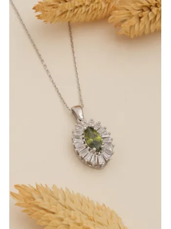 Kadın Gümüş Kolye - Damla Model Zultanit Taşlı Baget Süslemeli Rodyumlu Kadın Kolye