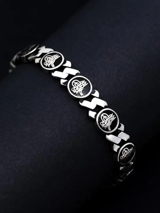 Erkek Gümüş Bileklik - Osmanlı Tuğralı Motifli Yuvarlak Model Gümüş Bileklik