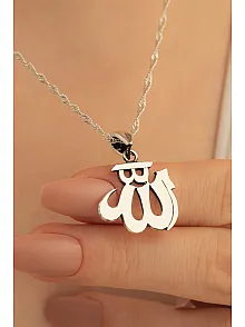 Kadın Gümüş Kolye - Parlak Model Arapça Allah Yazılı Figür Gümüş Kolye