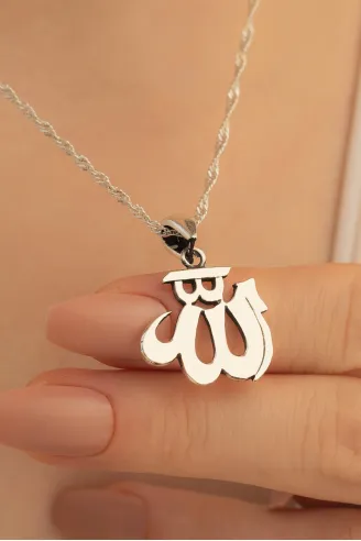 Kadın Gümüş Kolye - Parlak Model Arapça Allah Yazılı Figür Gümüş Kolye