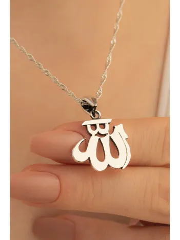 Kadın Gümüş Kolye - Parlak Model Arapça Allah Yazılı Figür Gümüş Kolye