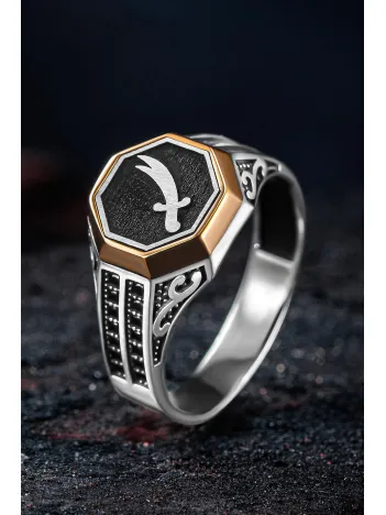 Erkek Gümüş Yüzük - Çift Zirkon Taşlı Zülfikar Kılıcı Model 2 Erkek Yüzük