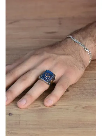 Mineli Ay Yıldız İşlemeli Mavi Zirkon Taş Süslemeli 925 Ayar Gümüş Erkek Yüzük GYZAYYYILDZ-MAV Mineli Ay Yıldız İşlemeli Mavi Zirkon Taş Süslemeli 925 Ayar Gümüş Erkek Yüzük GYZAYYYILDZ-MAV