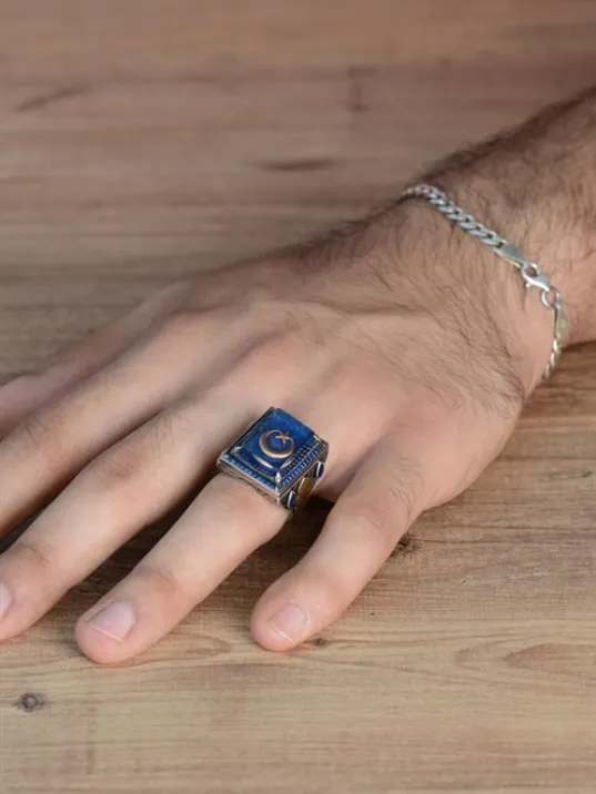 Mineli Ay Yıldız İşlemeli Mavi Zirkon Taş Süslemeli 925 Ayar Gümüş Erkek Yüzük GYZAYYYILDZ-MAV