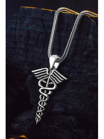 925 Ayar Gümüş Tıp Sembolü Kadüse Kolye Sağlık ve Şifa Temalı Erkek Kolye