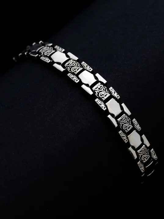 Erkek Gümüş Bileklik - Petek Şeritli Etnik Model Gümüş Bileklik Künye