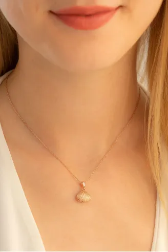 Kadın Gümüş Kolye - Rose Altın Kaplama İncili İstiridye Gümüş Kolye