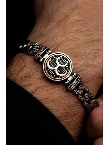 Erkek Gümüş Bileklik - Ortası Dönen Üç Hilal Model Gurmet Zincir Gümüş Bileklik Künye