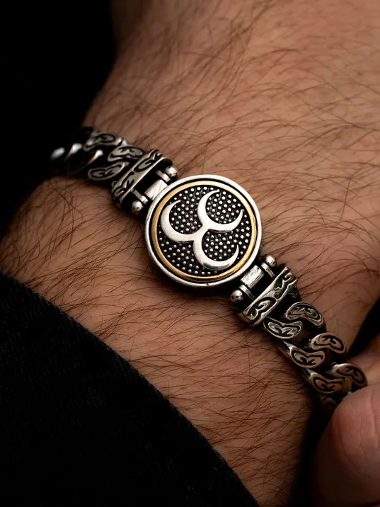 Erkek Gümüş Bileklik - Ortası Dönen Üç Hilal Model Gurmet Zincir Gümüş Bileklik Künye