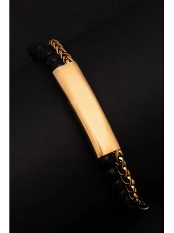 Erkek Çelik Bileklik - İsim Yazılabilir Siyah Boncuk Sarı Kral Zincir Çelik Bileklik