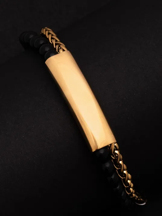 Erkek Çelik Bileklik - İsim Yazılabilir Siyah Boncuk Sarı Kral Zincir Çelik Bileklik