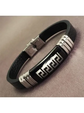 OttoMan Grek Motifli Suni Deri Çelik Erkek Bileklik