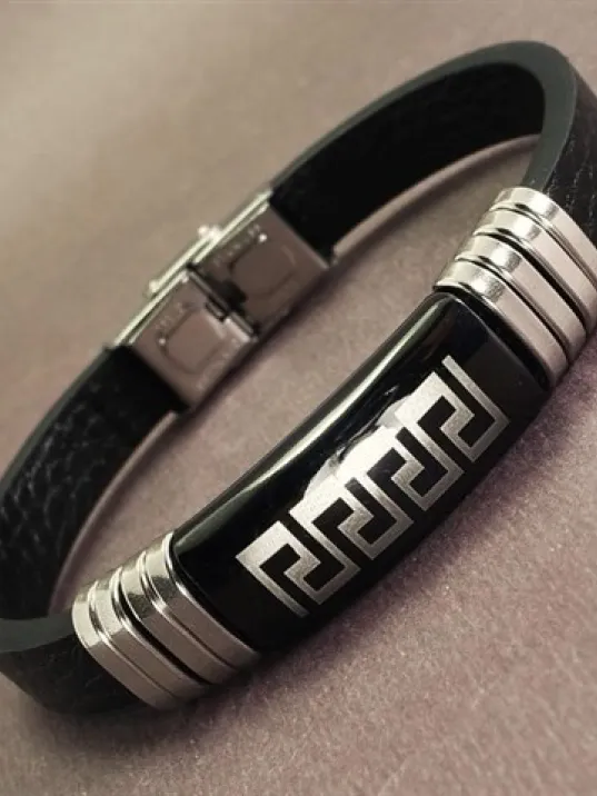 OttoMan Grek Motifli Suni Deri Çelik Erkek Bileklik