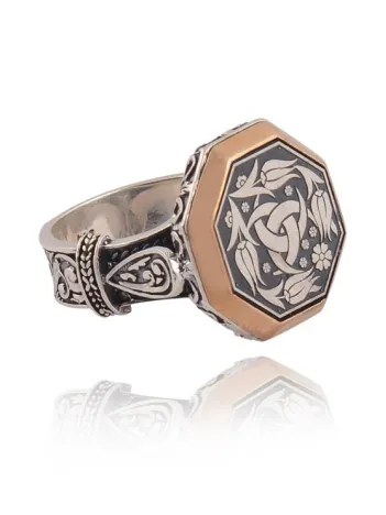 Sekizgen Model Teşkilat-ı Mahsusa Yanı İşlemeli Erkek Gümüş Yüzük
