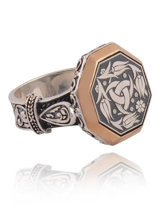 Sekizgen Model Teşkilat-ı Mahsusa Yanı İşlemeli Erkek Gümüş Yüzük
