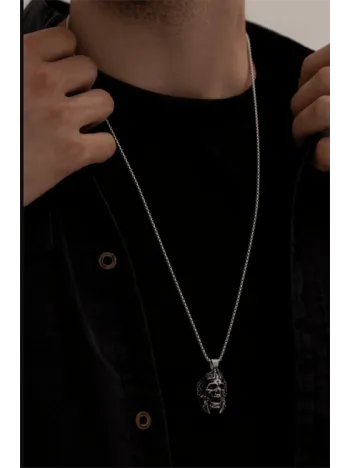 Erkek Kolye - Savaşçı Kuru Kafa Figürlü Erkek Çelik Kolye - 316 L Paslanmaz Çelik