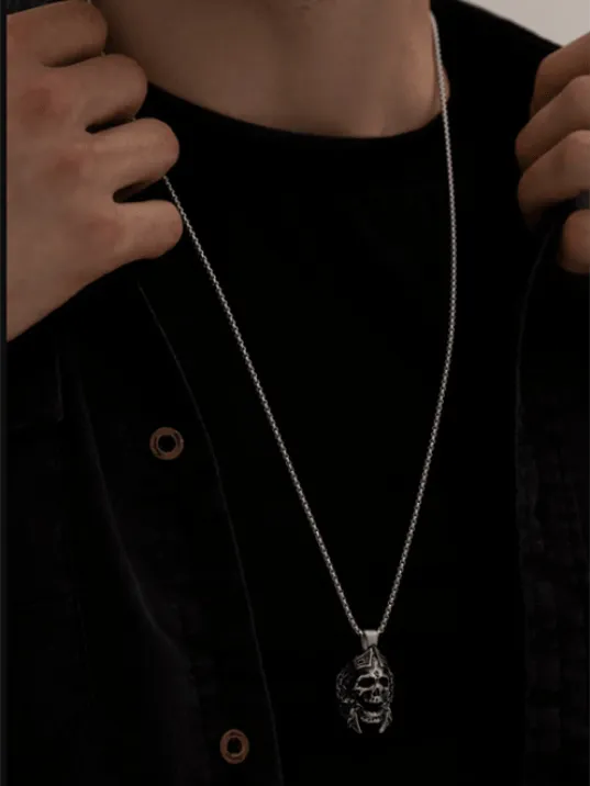 Erkek Kolye - Savaşçı Kuru Kafa Figürlü Erkek Çelik Kolye - 316 L Paslanmaz Çelik