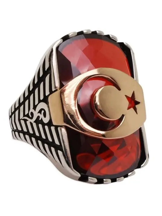 Kırmızı Zirkon Taşlı Ay Yıldızlı Erkek Gümüş Yüzük