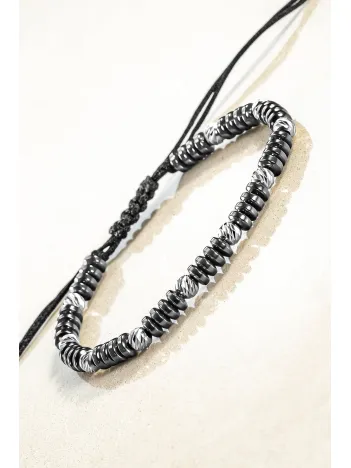 Siyah Hematit Taşlı Ayarlanabilir İpli 925 Ayar Gümüş Detaylı Erkek Bileklik
