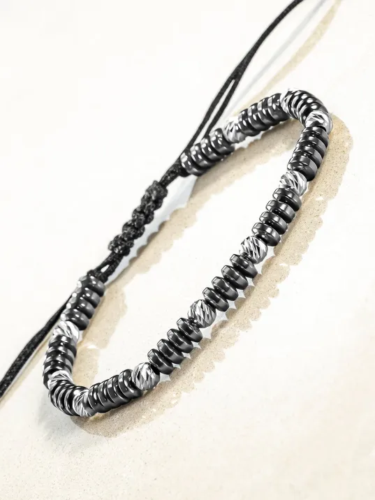 Siyah Hematit Taşlı Ayarlanabilir İpli 925 Ayar Gümüş Detaylı Erkek Bileklik