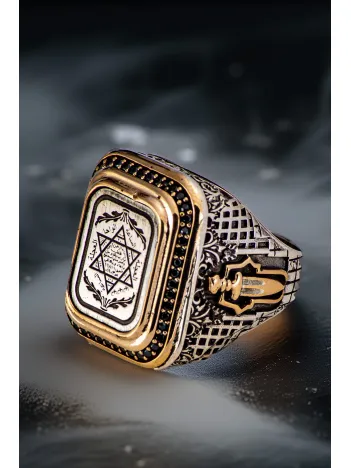 Erkek Hz Süleyman Mührü İşlemeli Yanı Hançer Motifli Zirkon Taş Süslemeli 925 Ayar Gümüş Yüzük