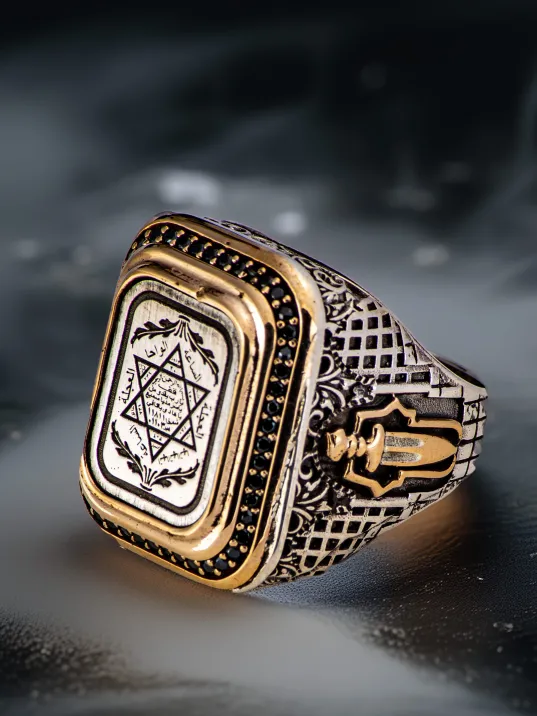 Erkek Hz Süleyman Mührü İşlemeli Yanı Hançer Motifli Zirkon Taş Süslemeli 925 Ayar Gümüş Yüzük Erkek Hz Süleyman Mührü İşlemeli Yanı Hançer Motifli Zirkon Taş Süslemeli 925 Ayar Gümüş Yüzük