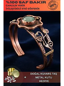 Kadın Bakır Bileklik - Yeşil Aventurin Taşlı Çiçek Model Kadın Bilezik Metal Kutu ve Doğal Taşlar