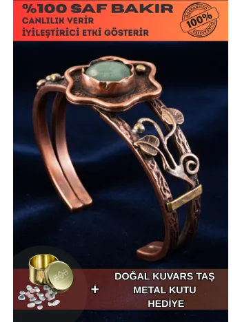 Kadın Bakır Bileklik - Yeşil Aventurin Taşlı Çiçek Model Kadın Bilezik Metal Kutu ve Doğal Taşlar