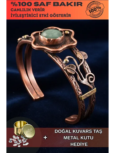 Kadın Bakır Bileklik - Yeşil Aventurin Taşlı Çiçek Model Kadın Bilezik Metal Kutu ve Doğal Taşlar