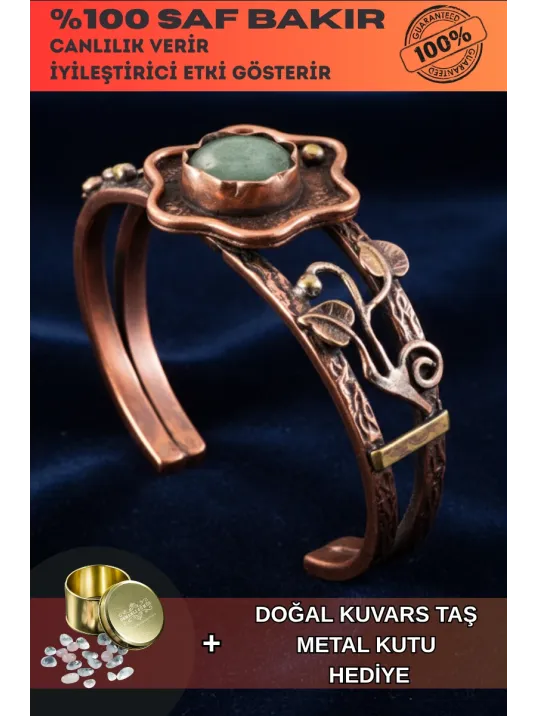 Kadın Bakır Bileklik - Yeşil Aventurin Taşlı Çiçek Model Kadın Bilezik Metal Kutu ve Doğal Taşlar Kadın Bakır Bileklik - Yeşil Aventurin Taşlı Çiçek Model Kadın Bilezik Metal Kutu ve Doğal Taşlar