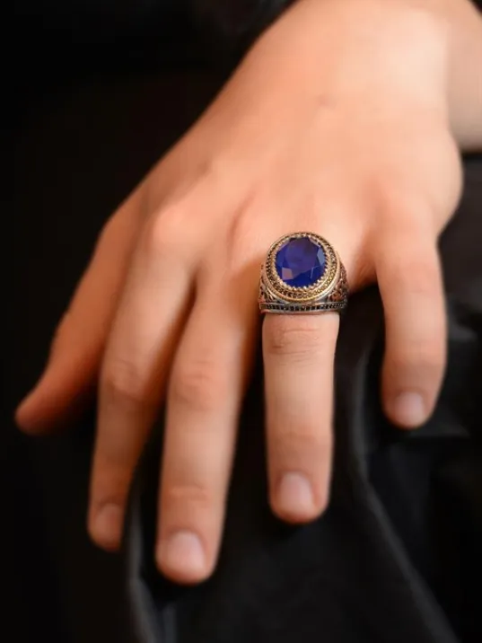 Mavi Zirkon Topaz Taşlı Yanı Göktürkçe Türk Yazılı Erkek Gümüş Yüzük